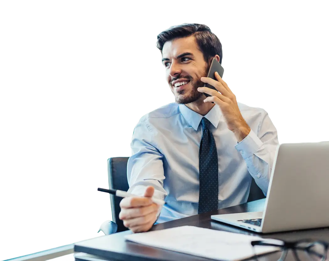 Middle aged businessman talking to client on phone about financial roadmap