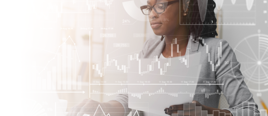 Photograph of a woman using her laptop with an overlay of graphs, charts, and financial data